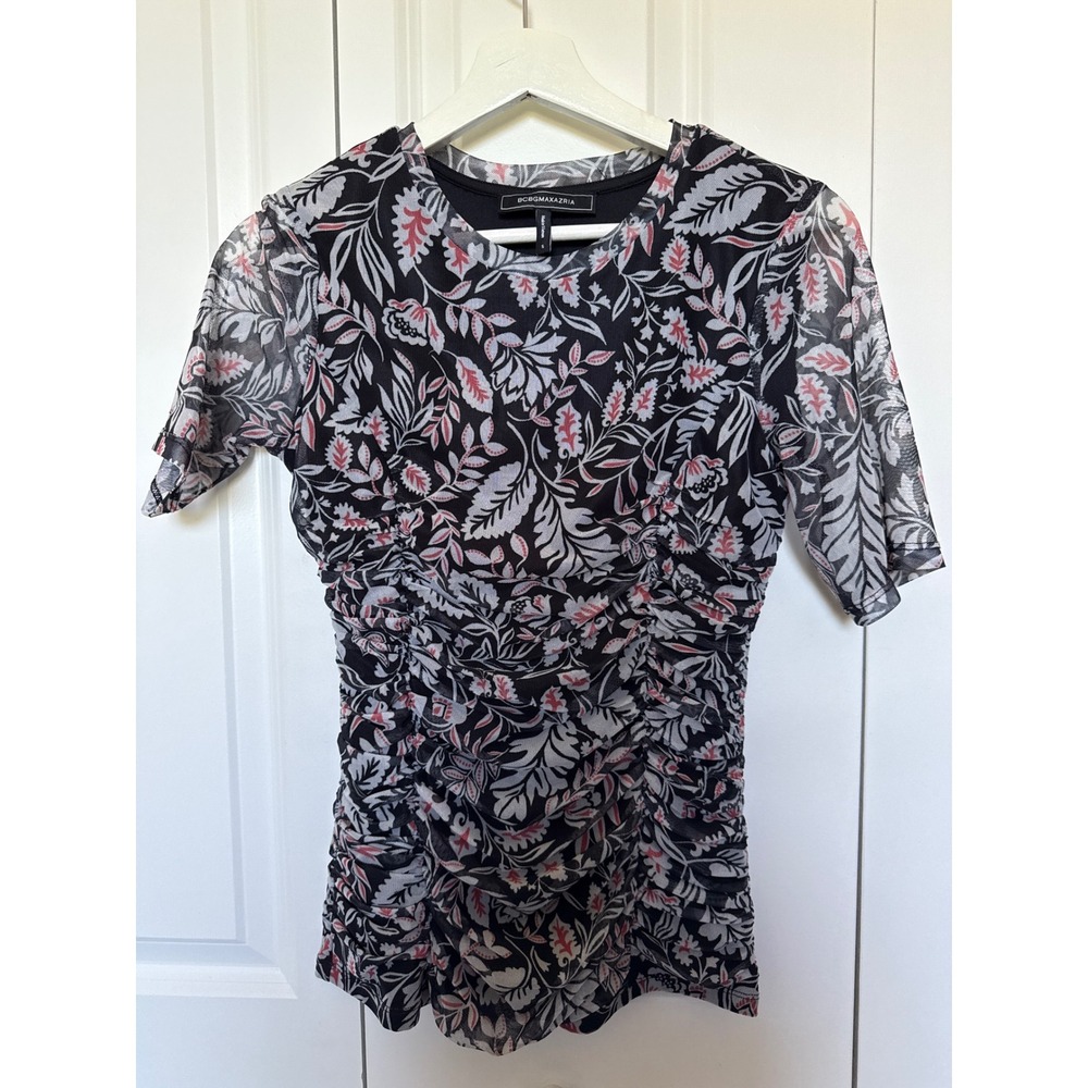BCBGMAXAZRIA Women Black Floral Ruched Mesh Short Sleeve Top Small